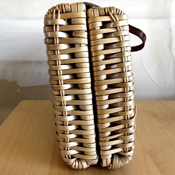 VTG Rattan Basket Square Handbag 80s Sturdy Eco Friendly Leather Strap Cream - Picture 3 of 8
